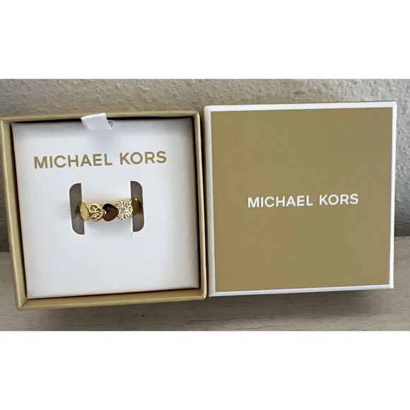 Michael Kors Gold Filled Heart, Crystal & Logo Ring Size 8 New In Box - Picture 3 of 10